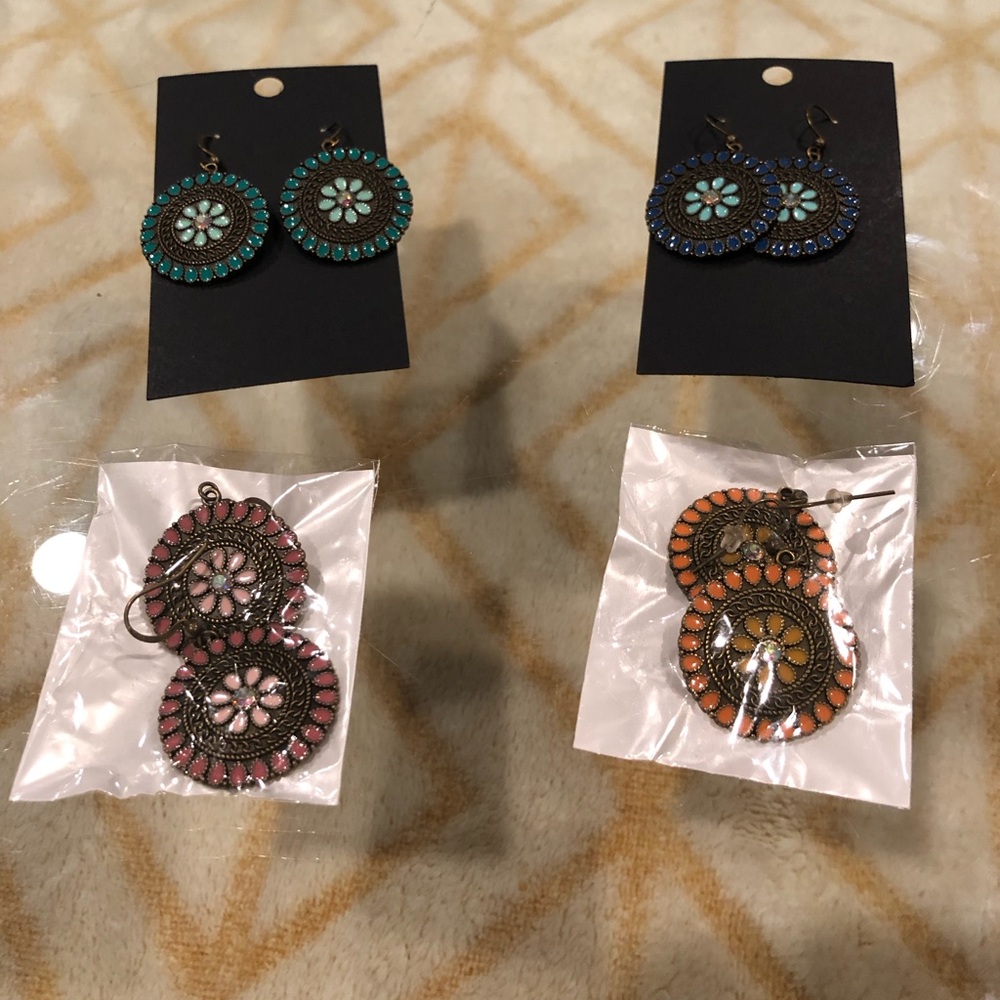 Set of 4 Boho Mandala Flower Dangle Earrings | Turquoise Pink Orange Blue